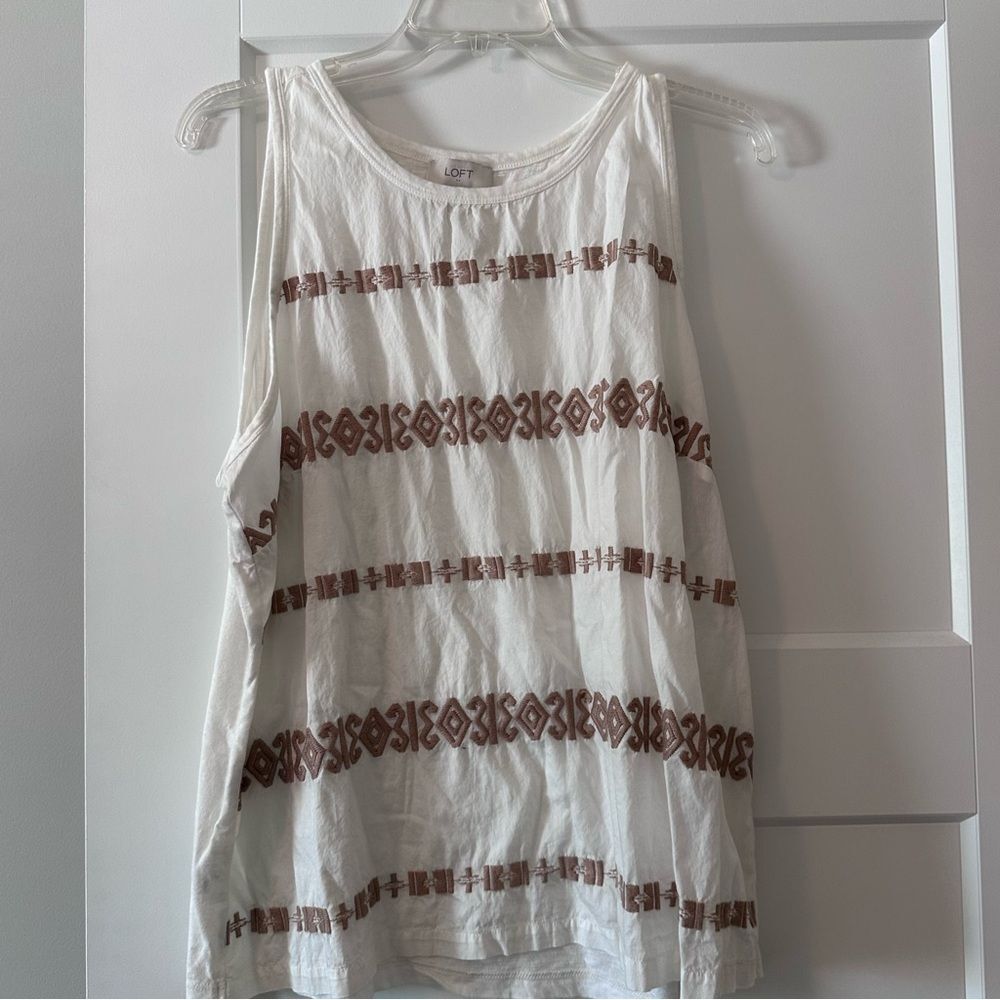 LOFT Embroidered Swing Tank Top XL White tan 100% Cotton Boho